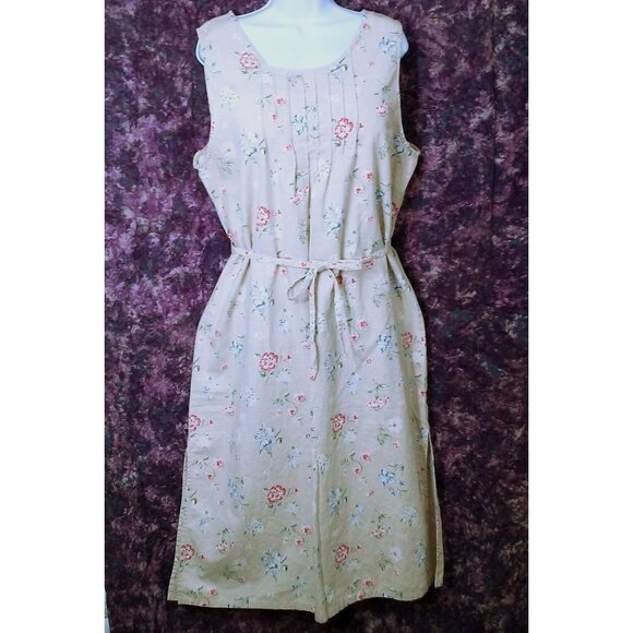 Vintage 90s White Stag Linen Floral Maxi Dress XL Pin-Tucks Side-Slits Belted - Picture 1 of 13